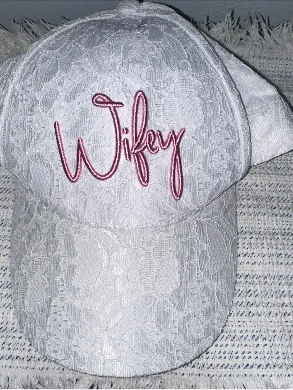 Wifey Embroidered Lace Baseball Cap - White with Pink Script